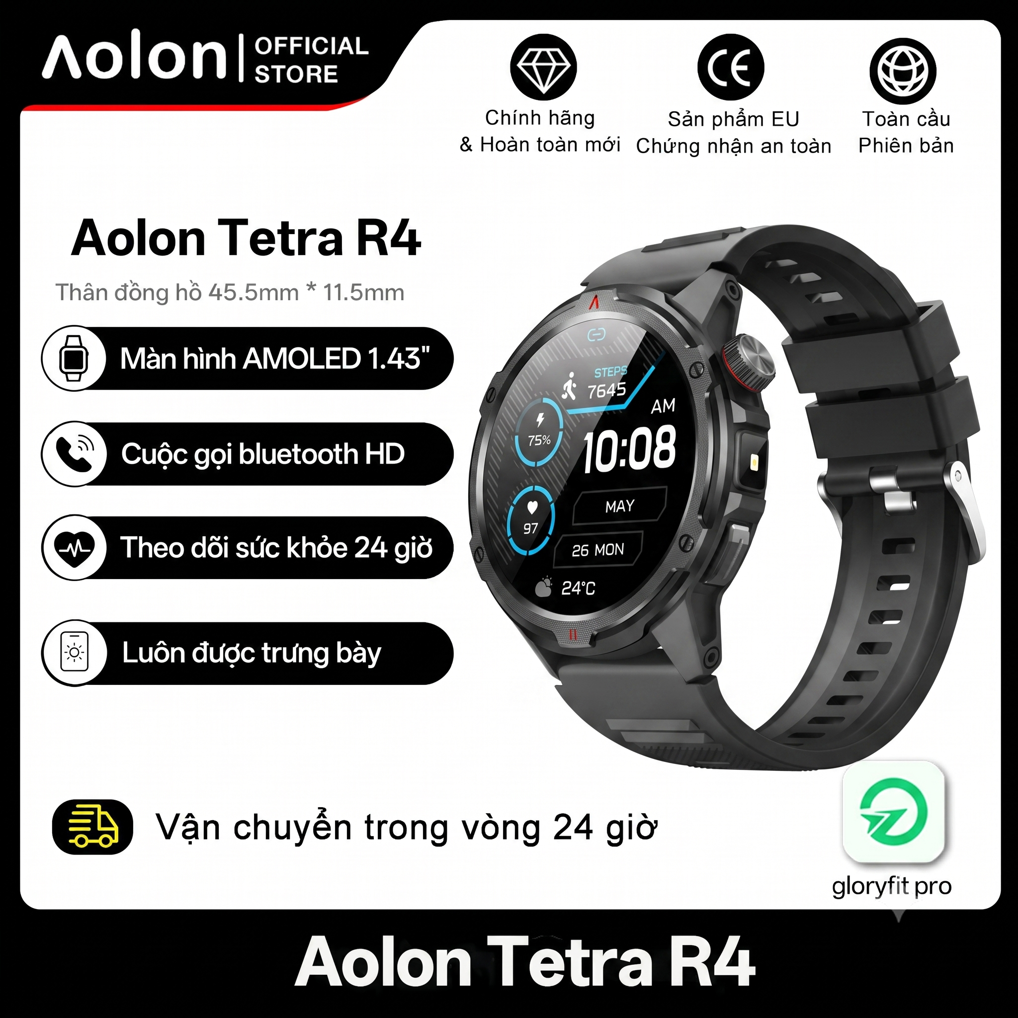 AOLON TETRA R4 - Đồng hồ thông minh AGPS Strava AMOLED màu Đen